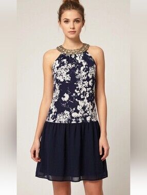 Vintage Velvet halter neck Embelishment dress With Dropped Waist Silk Skirt M